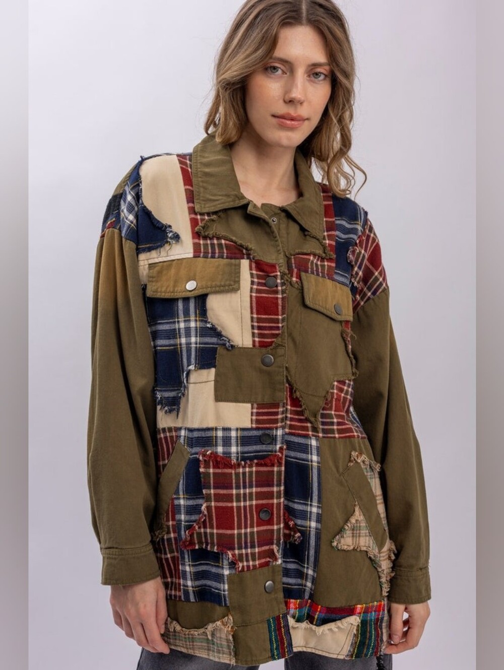 Bluevelvet Plaid Patched Button Down Jacket